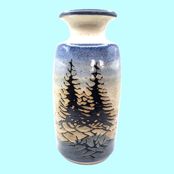 Bill Aitken Art Pottery Vase 7.5in Signed Blue Evergreen Pine Trees Stoneware - Picture 1 of 8